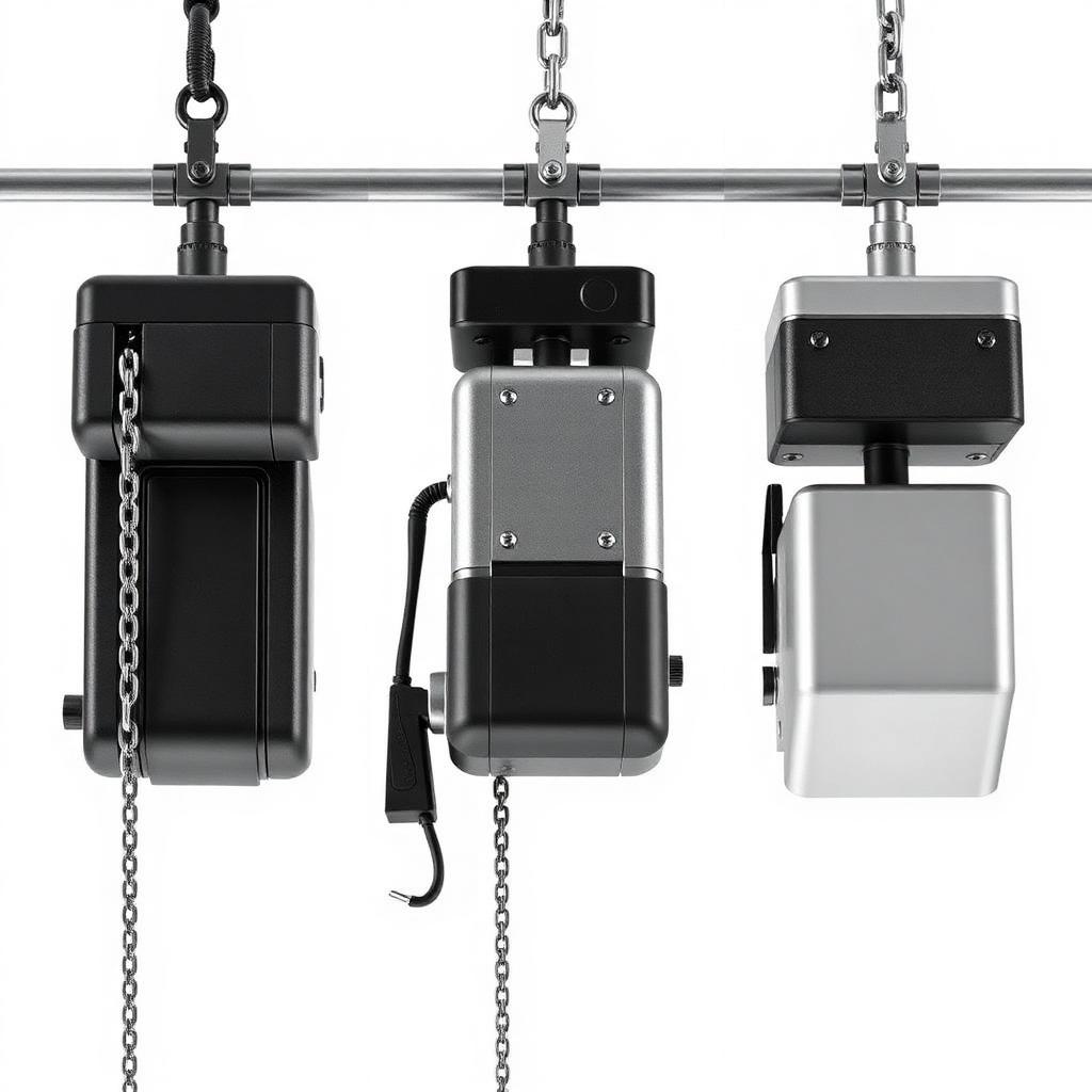 Four different types of garage door openers displayed side by side for comparison