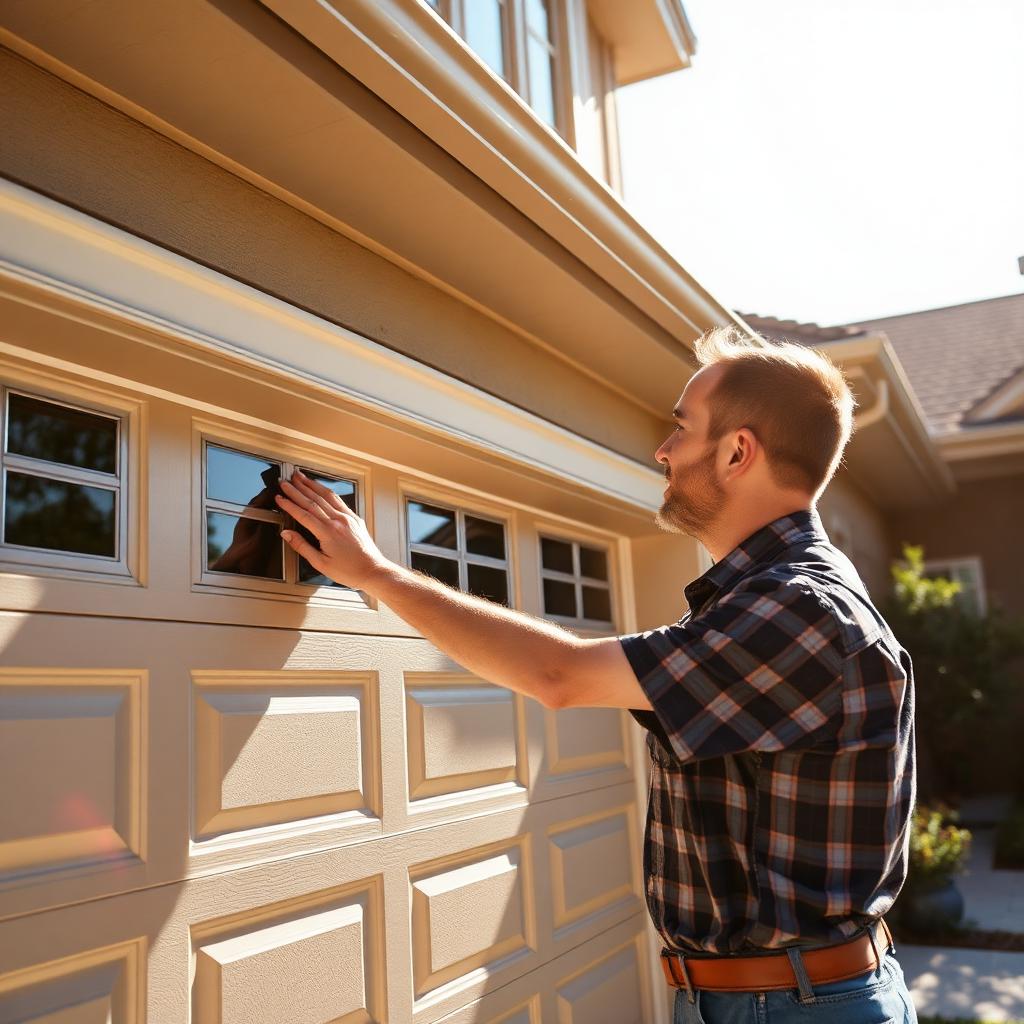 Homeowner inspecting garage door weatherstripping on a sunny summer day