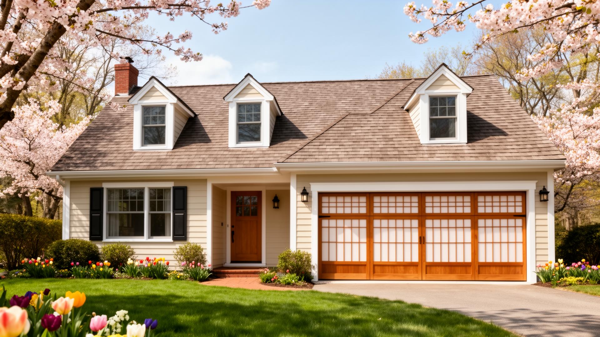 Beautiful Cape Cod cottage with Asian inspired garage doors featuring shoji screen panels